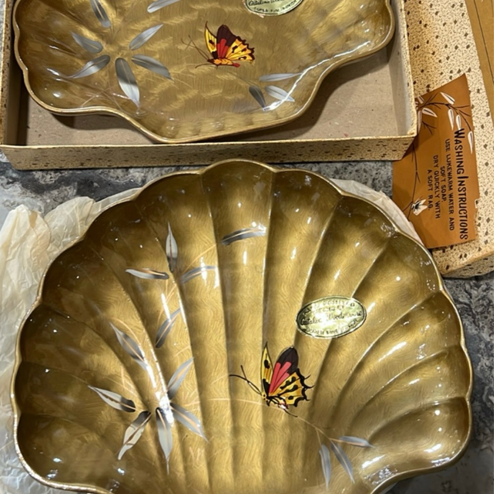 1960’s Catalina Set 2 lacquer gold VINTAGE plates hand painted w butterfly
